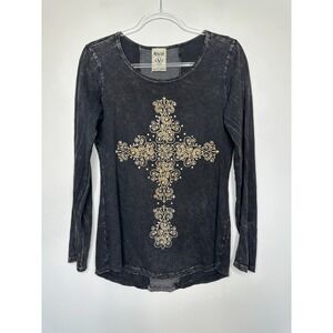 Vtg Vocal Cross Top Black Grunge Gothic Rhinestone Double Graphic Small